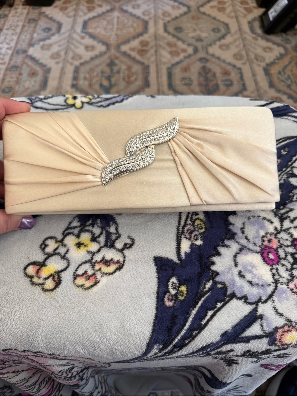 Cream Satin Evening Clutch with Rhinestone Swirl Accent